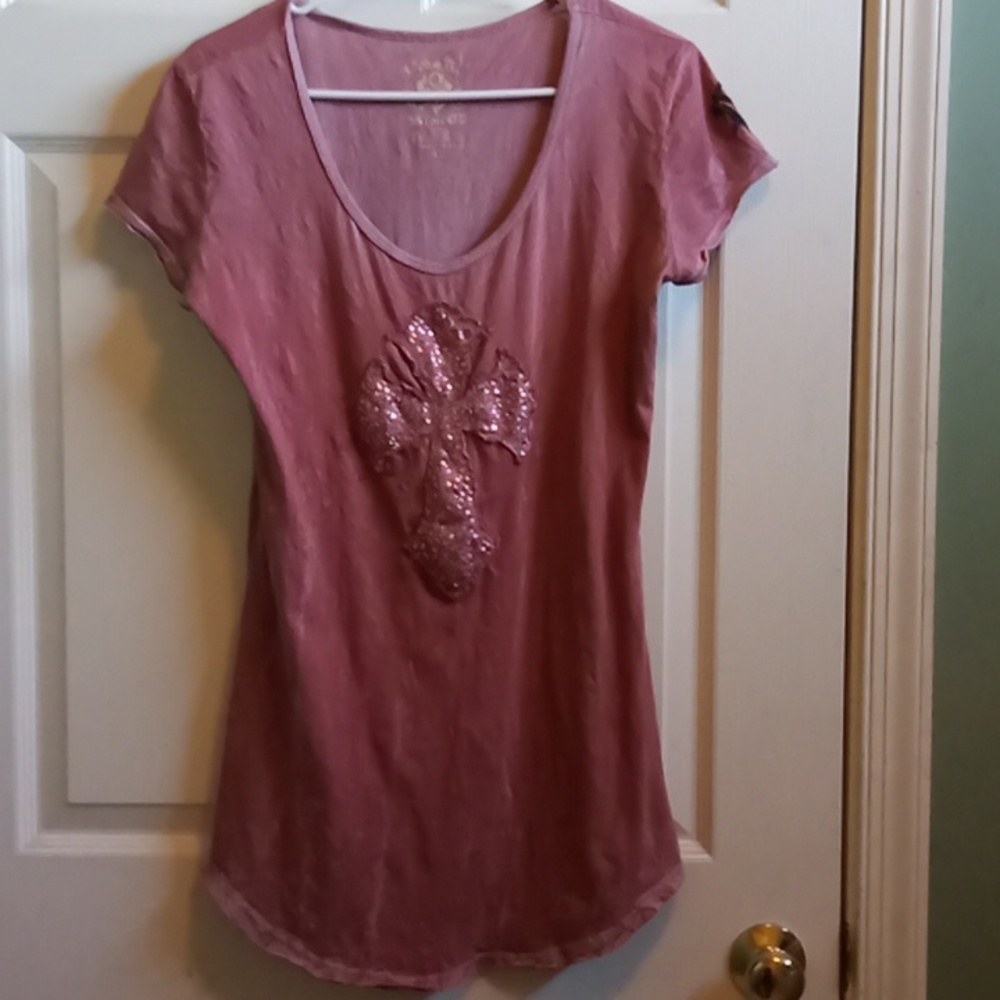 Y2K Distressed Pink Shirt With Rhinestones, Size XL